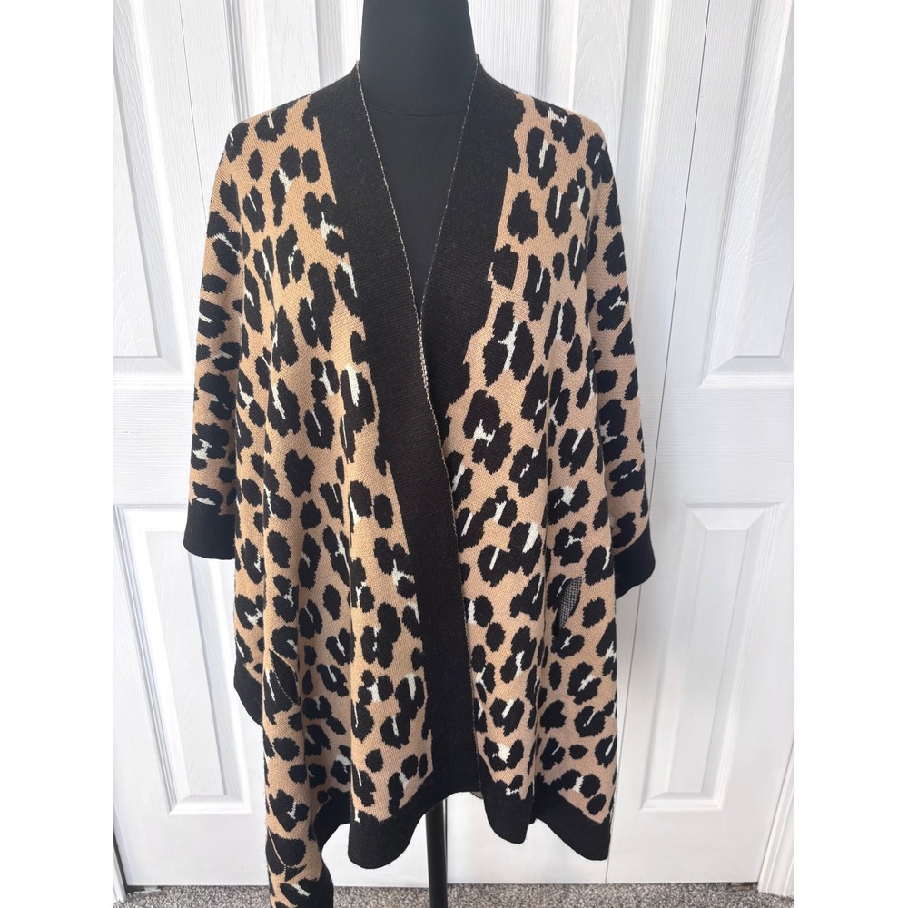 Kate Spade New York Leopard Print Wool Blend Poncho Cape Black Tan one size